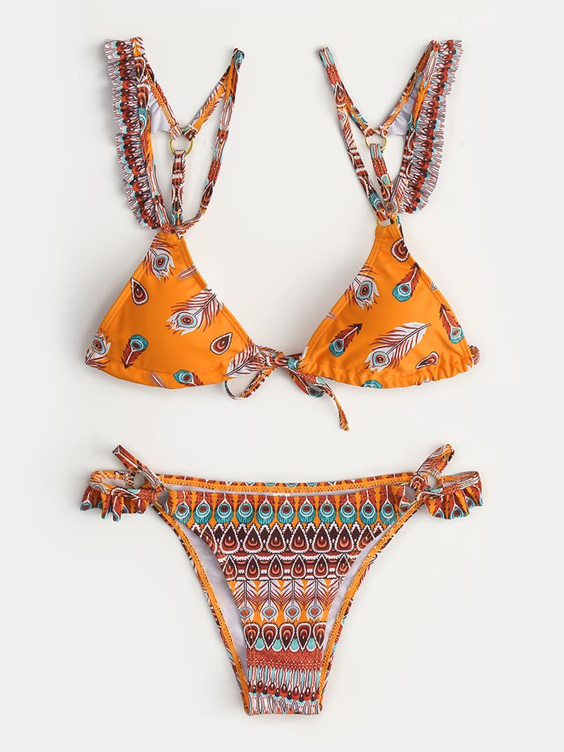 Damskie Bikini W Stylu Retro Z Falbanami Stringi Trójkątne Stroje Kąpielowe Bez Pleców