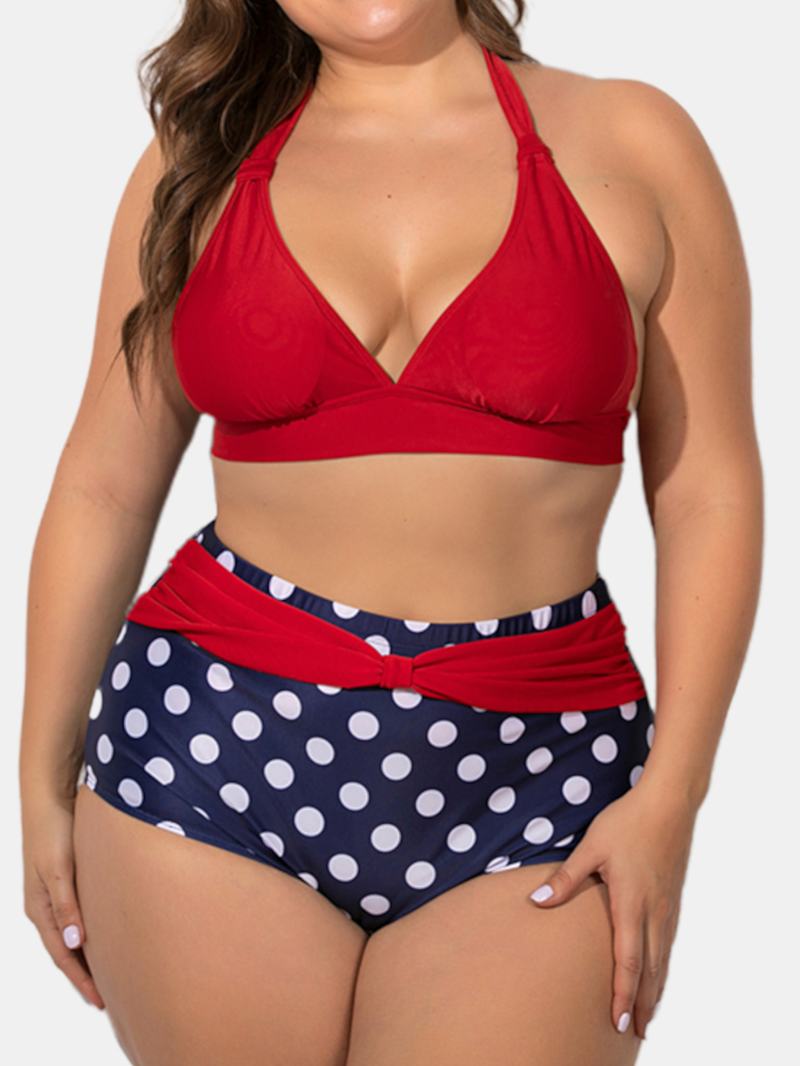 Plus Size Sznurowane Bikini Z Wysokim Stanem W Kropki