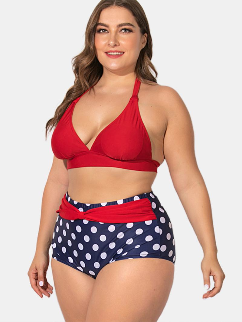 Plus Size Sznurowane Bikini Z Wysokim Stanem W Kropki