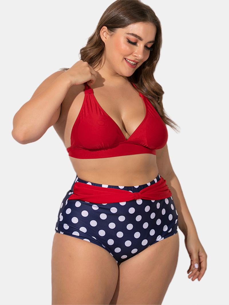 Plus Size Sznurowane Bikini Z Wysokim Stanem W Kropki