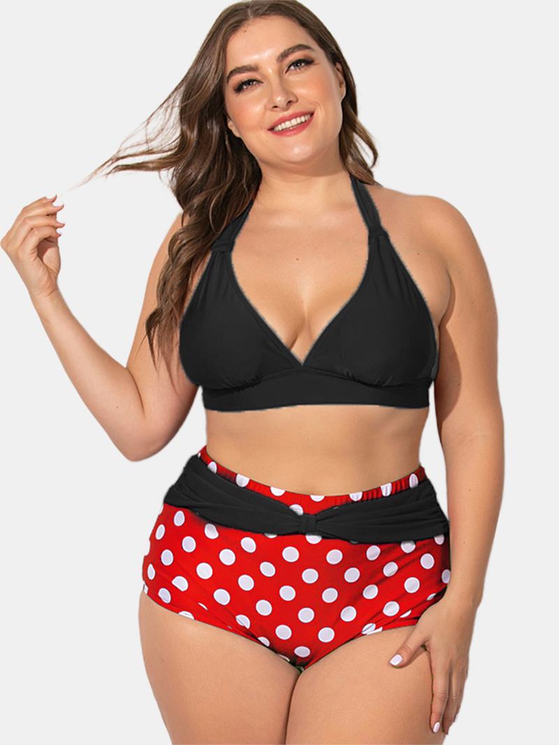 Plus Size Sznurowane Bikini Z Wysokim Stanem W Kropki