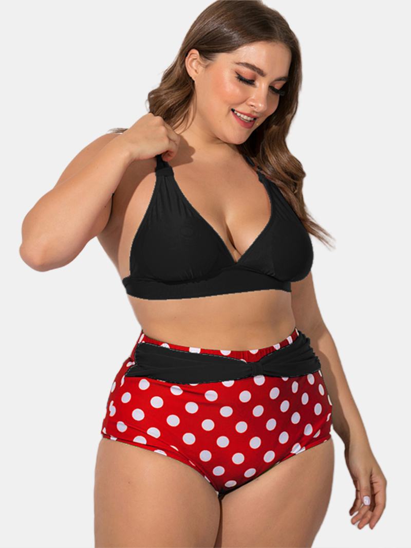 Plus Size Sznurowane Bikini Z Wysokim Stanem W Kropki