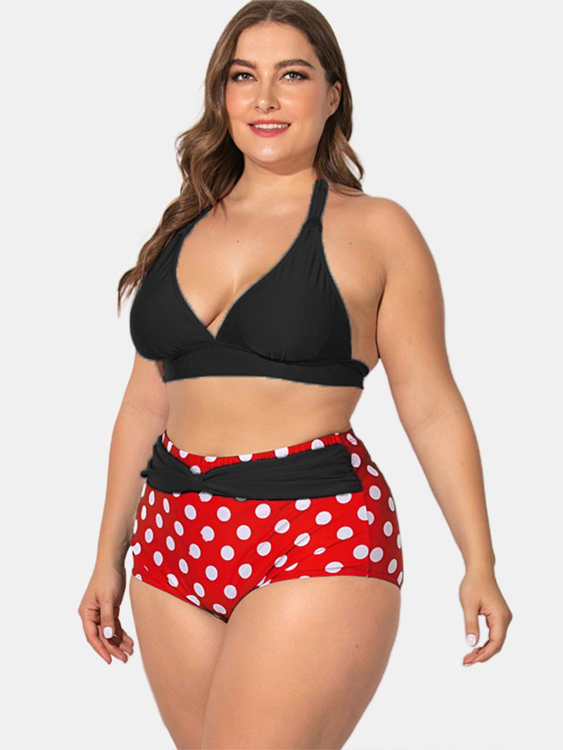 Plus Size Sznurowane Bikini Z Wysokim Stanem W Kropki