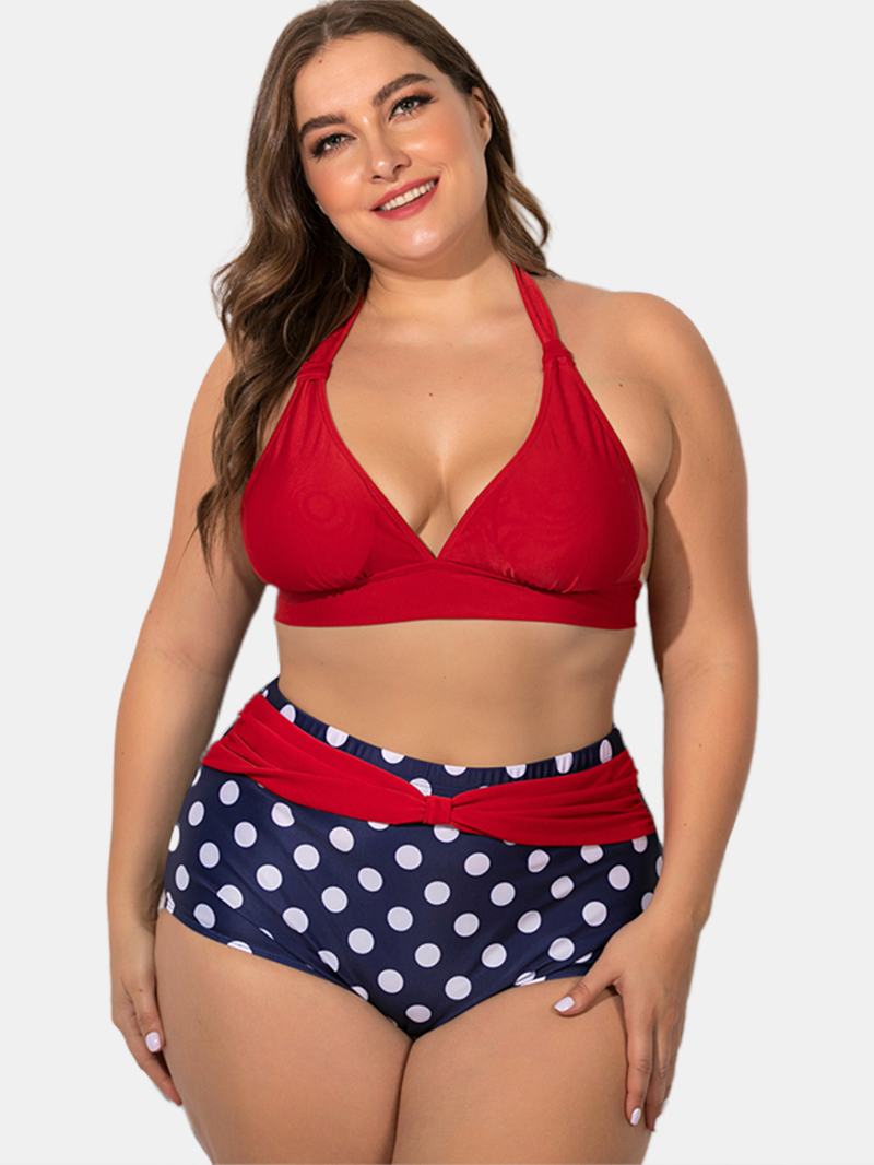 Plus Size Sznurowane Bikini Z Wysokim Stanem W Kropki